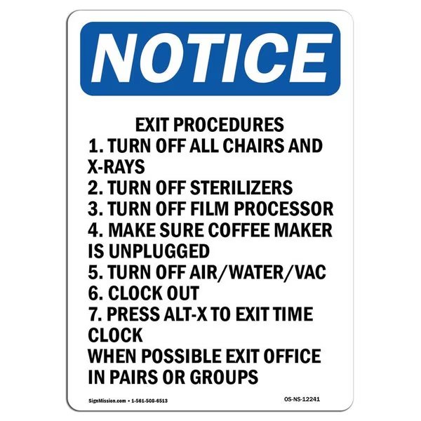 OSHA Notice Sign, Exit Procedures 1. Turn Off All, 24in X 18in Decal, 18